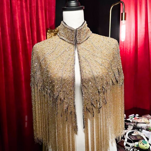 DNS Wear Jewelry - Gold Sequin  Fringe Cape, Rhinestone Shawl, Luxury Beaded Cape, Festival Outfit